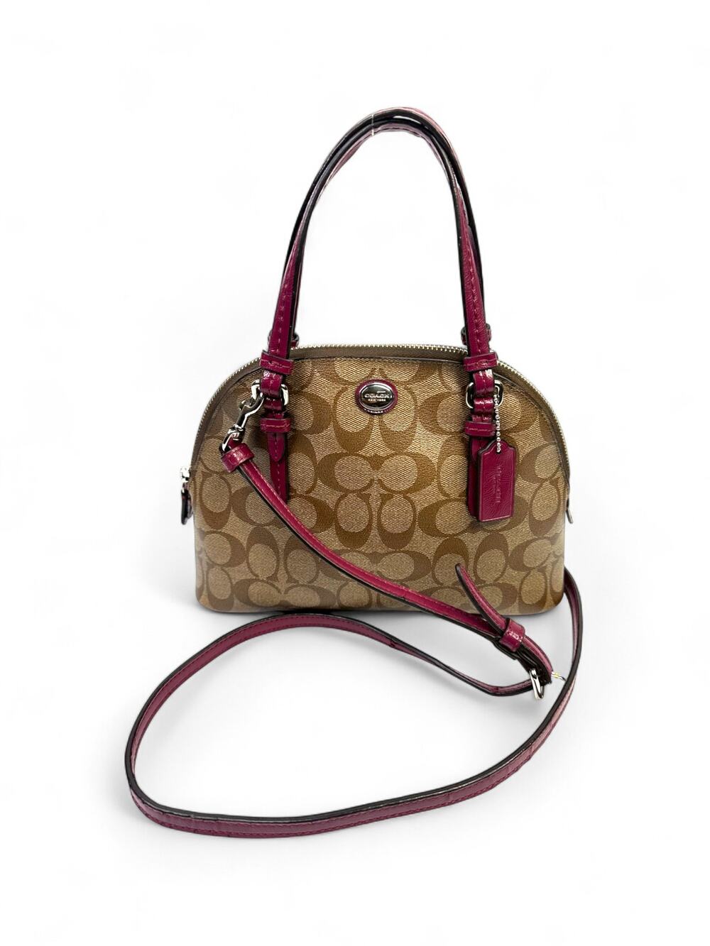 Coach Signature Dome Satchel with Magenta Patent Leather Trim